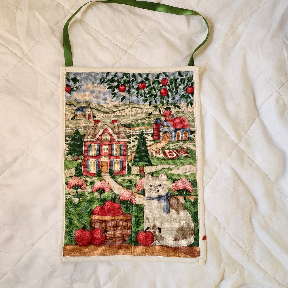 Handmade Needlepoint Cat Apple Scene Hanging Tapestry